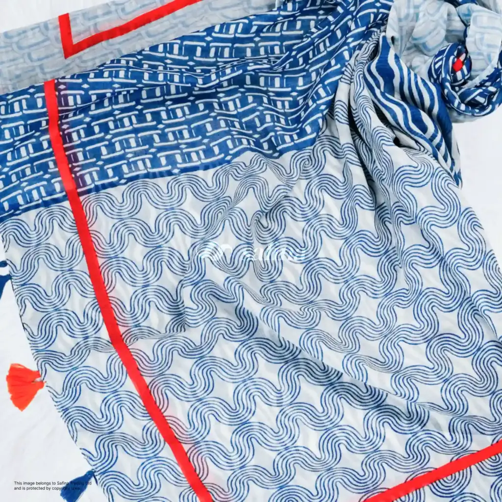 Navy leaf printed cotton scarf