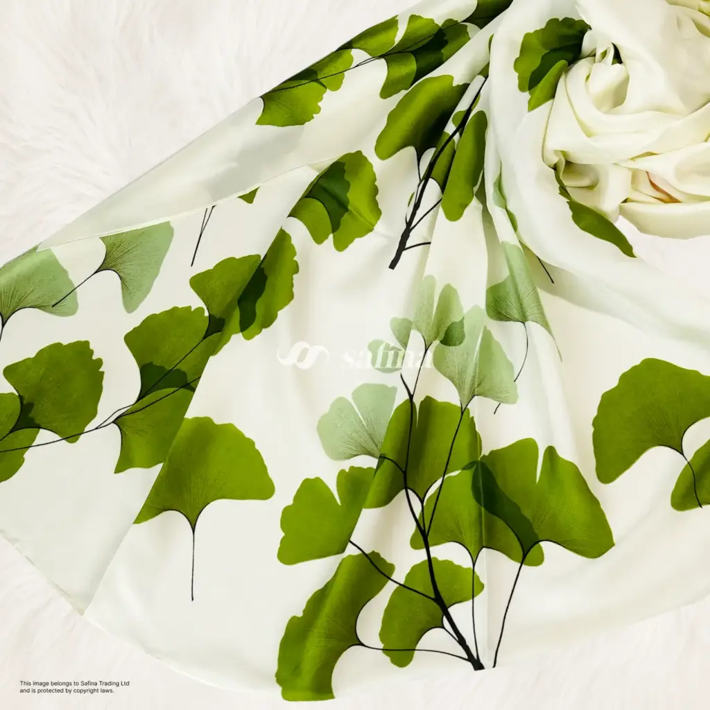 Green ginkgo leaf print satin scarf
