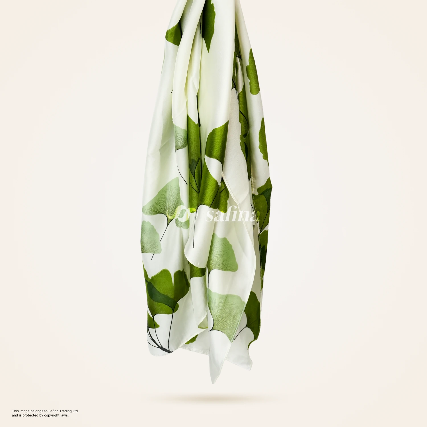 Green ginkgo leaf print satin scarf - Image 2
